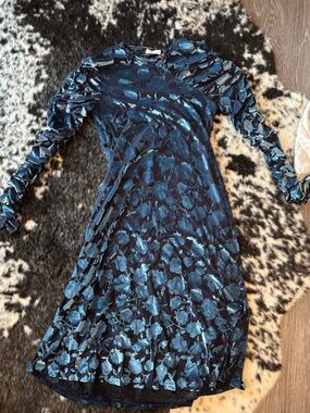 Women’s designer dress modest couture vibes velvet floral with one mesh sleeve